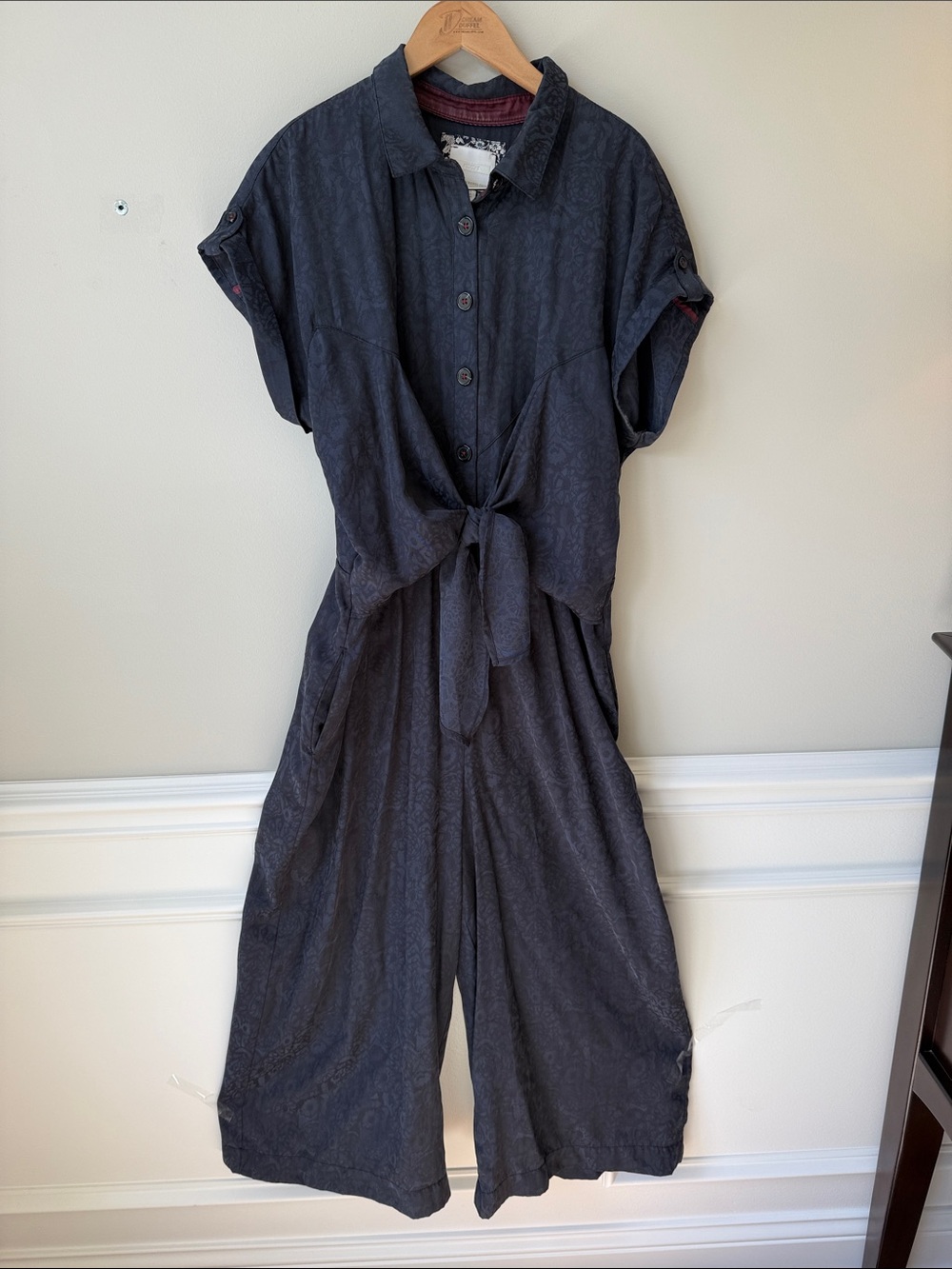Ett:Twa James by Anthropologie Tie-Waist Button-Front Jumpsuit, Dark Navy Sz 12 - Picture 4 of 15